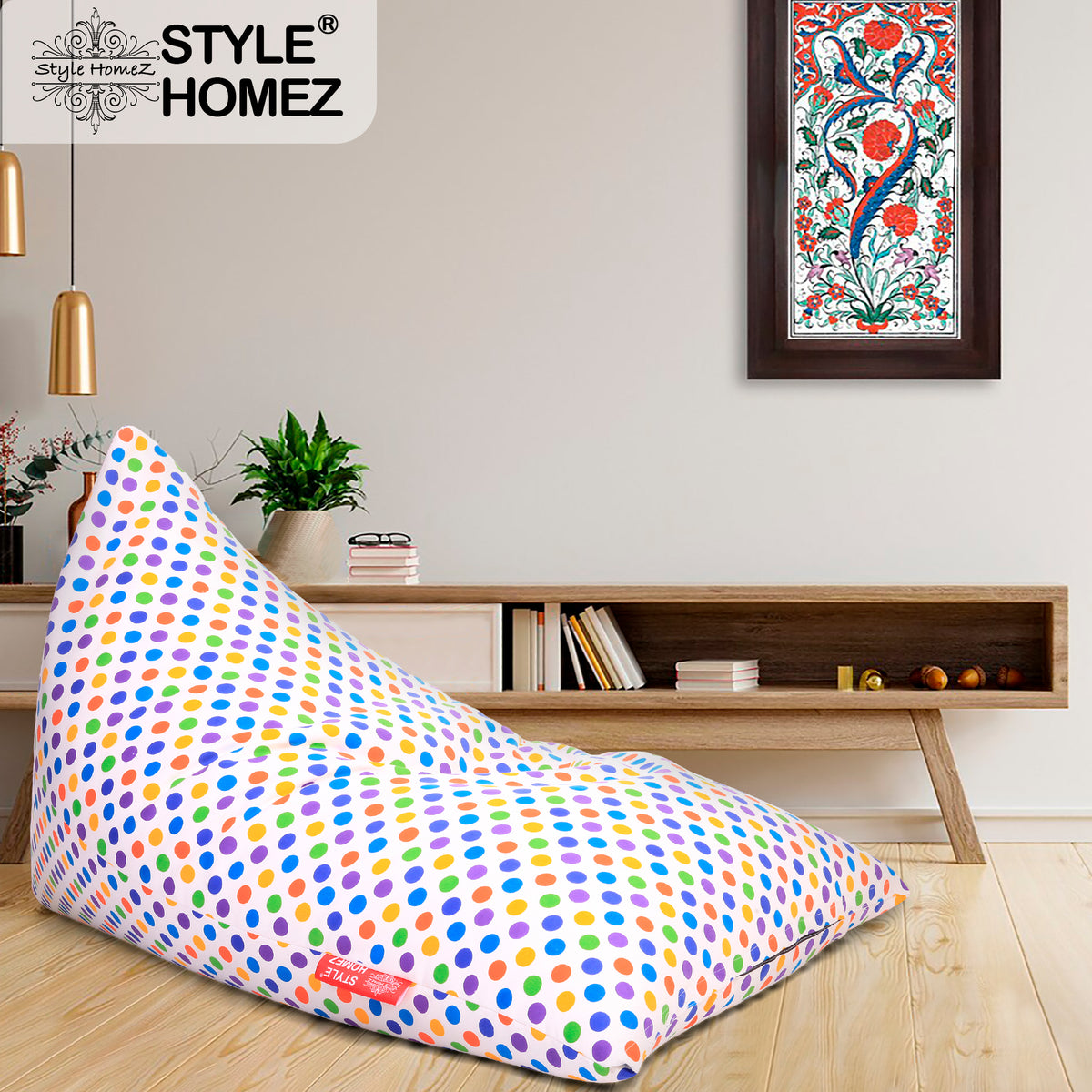 Style Homez PYRAMID LOUNGE, Cotton Canvas Polka Dots Printed Bean Bag XXL Size Filled with Beans Fillers