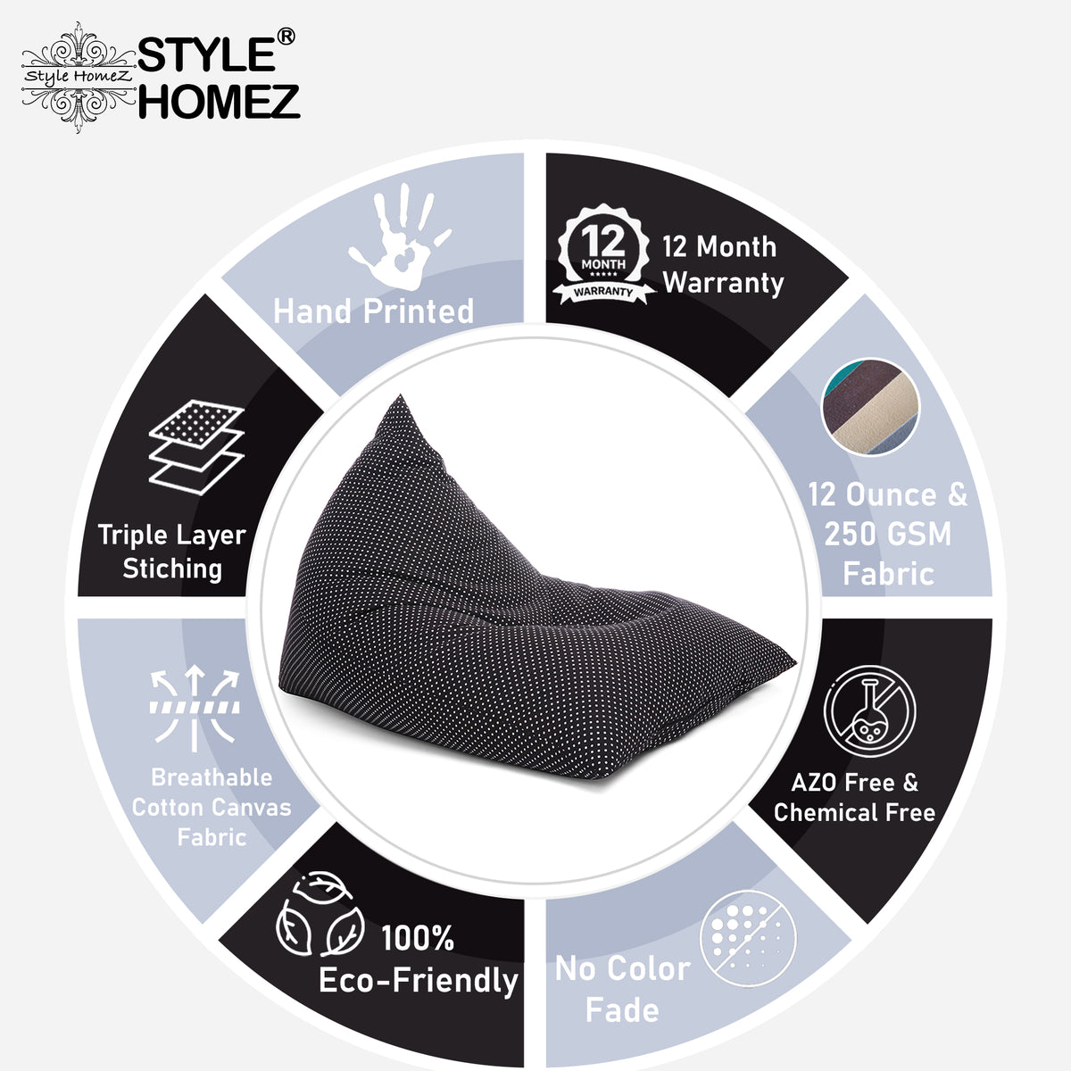 Style Homez PYRAMID LOUNGE, Cotton Canvas Polka Dots Printed Bean Bag XXL Size Cover Only