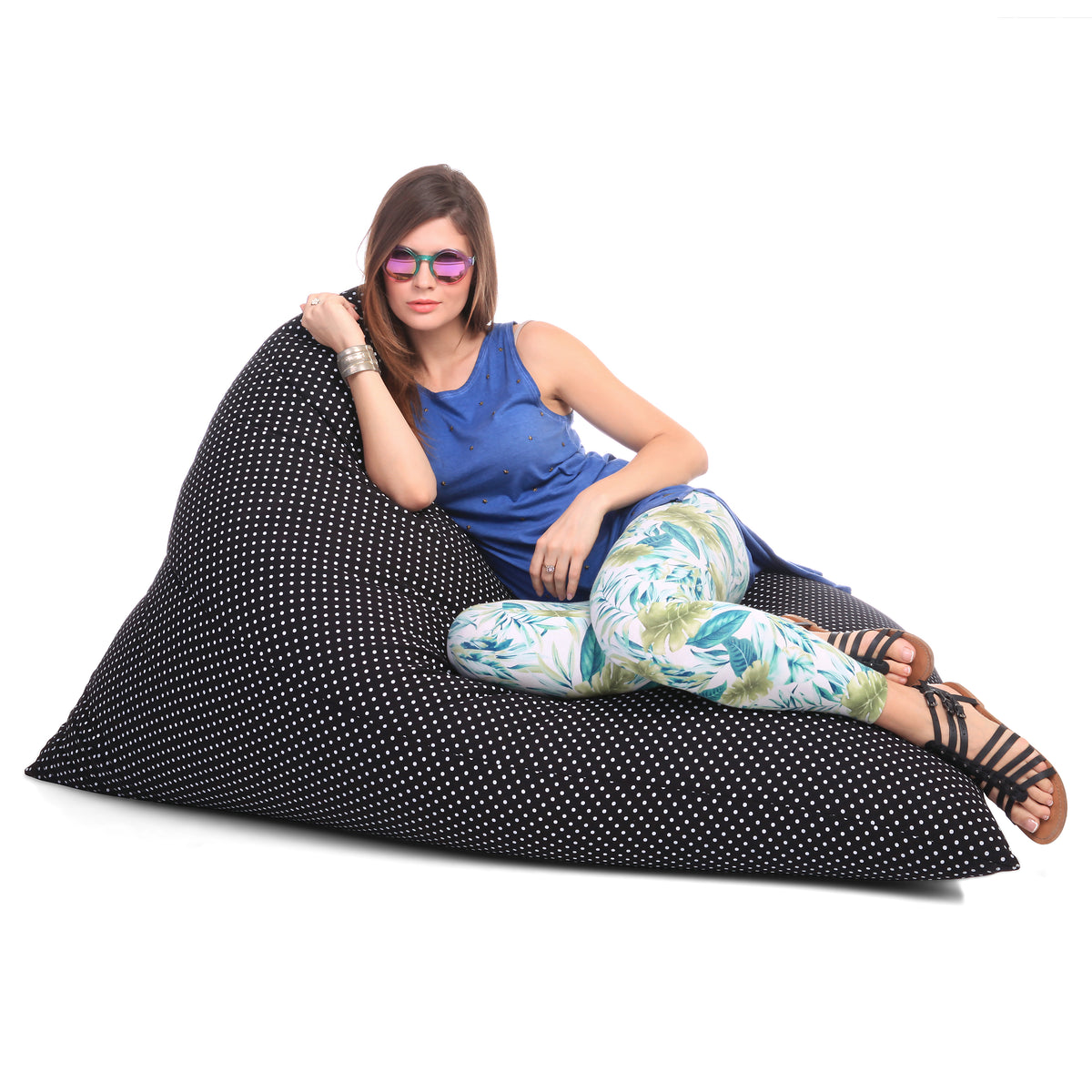 Style Homez PYRAMID LOUNGE, Cotton Canvas Polka Dots Printed Bean Bag XXL Size Cover Only