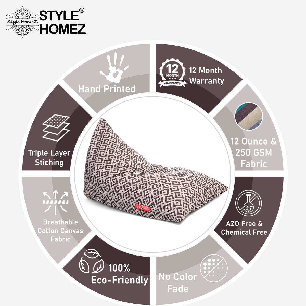 Style Homez PYRAMID LOUNGE, Cotton Canvas Geometric Printed Bean Bag XXL Size Cover Only