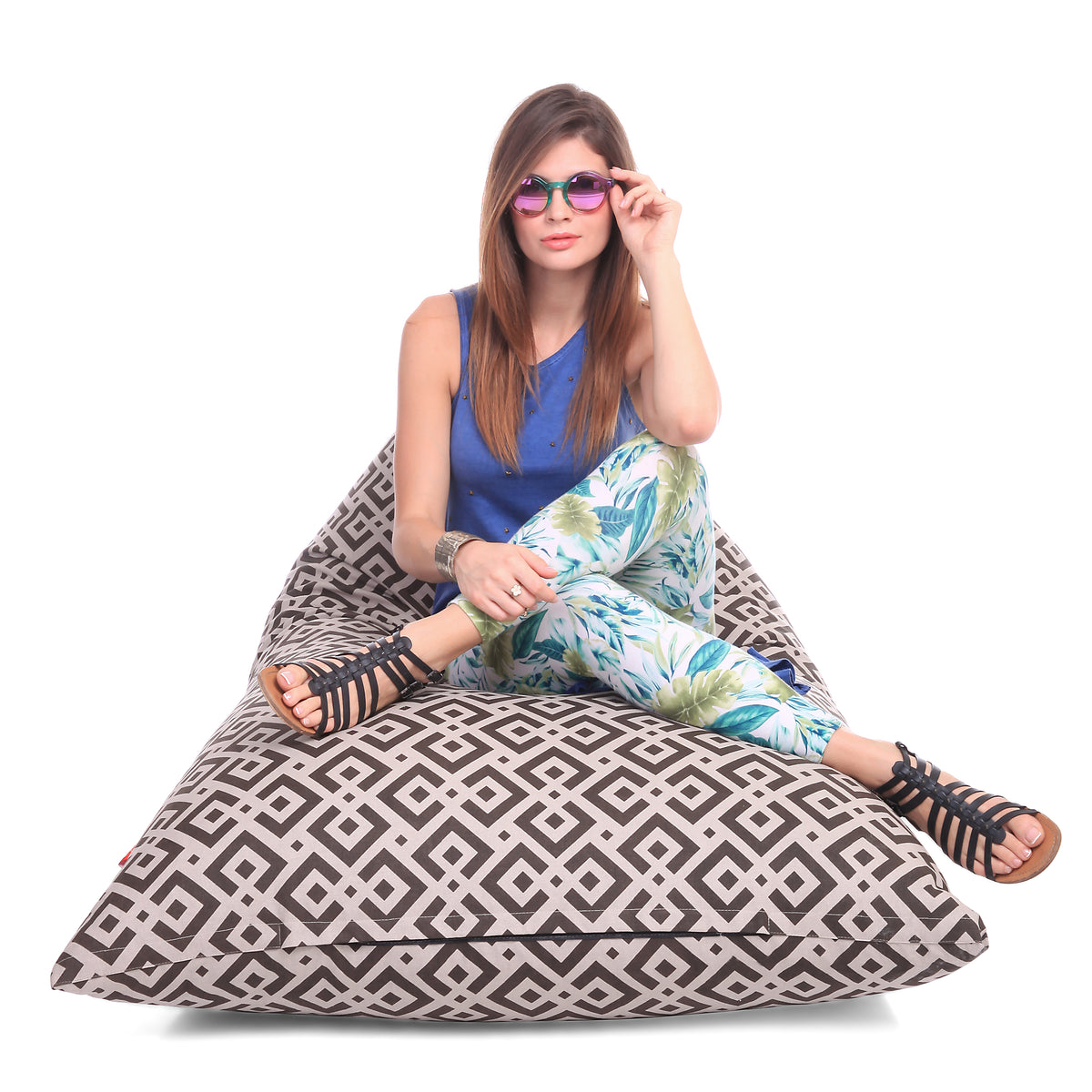 Style Homez PYRAMID LOUNGE, Cotton Canvas Geometric Printed Bean Bag XXL Size Cover Only