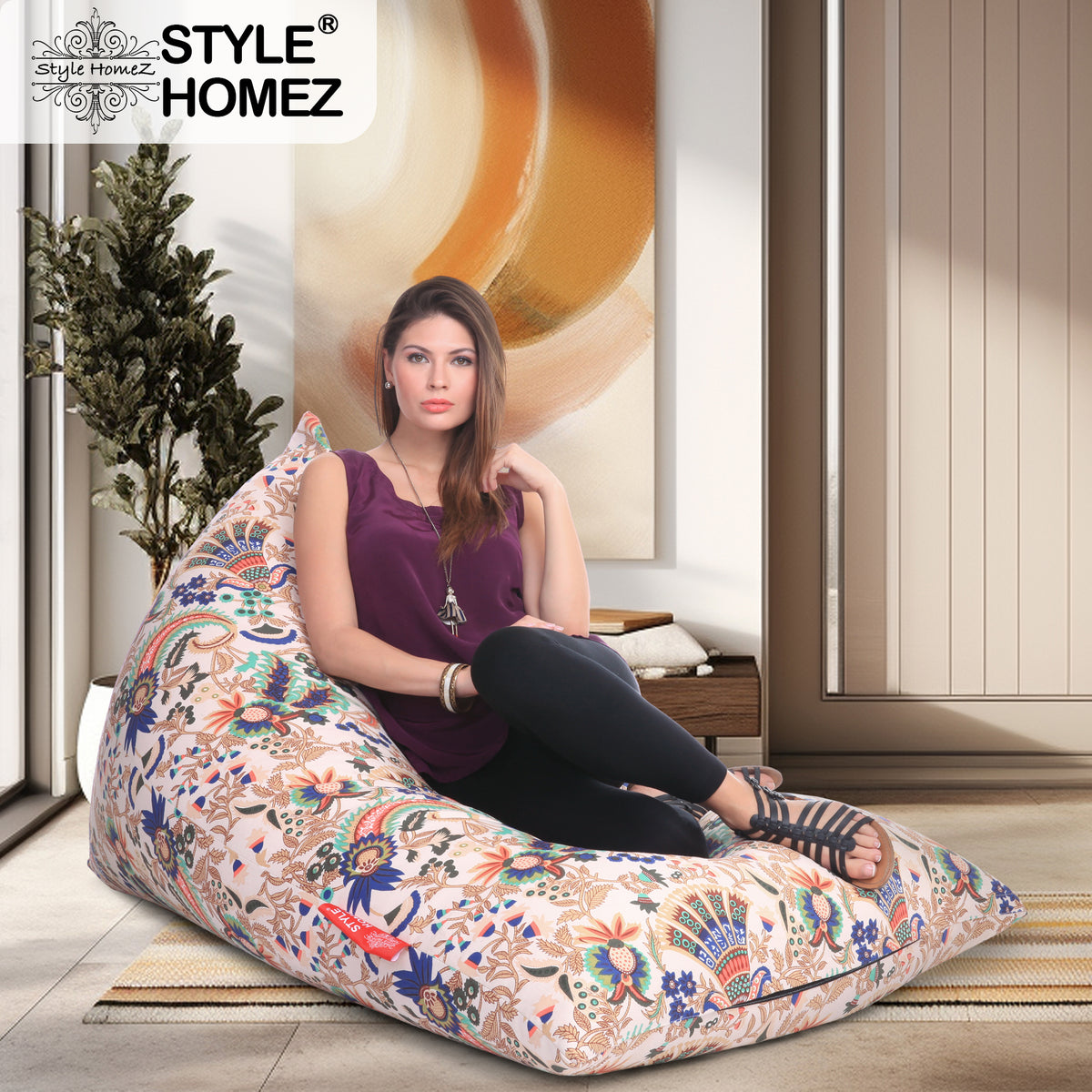 Style Homez PYRAMID LOUNGE, Cotton Canvas Floral Printed Bean Bag XXL Size Filled with Beans Fillers