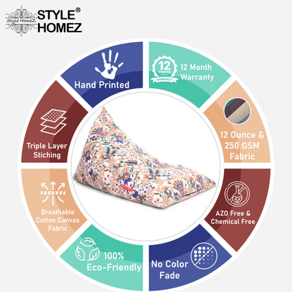 Style Homez PYRAMID LOUNGE, Cotton Canvas Floral Printed Bean Bag XXL Size Filled with Beans Fillers