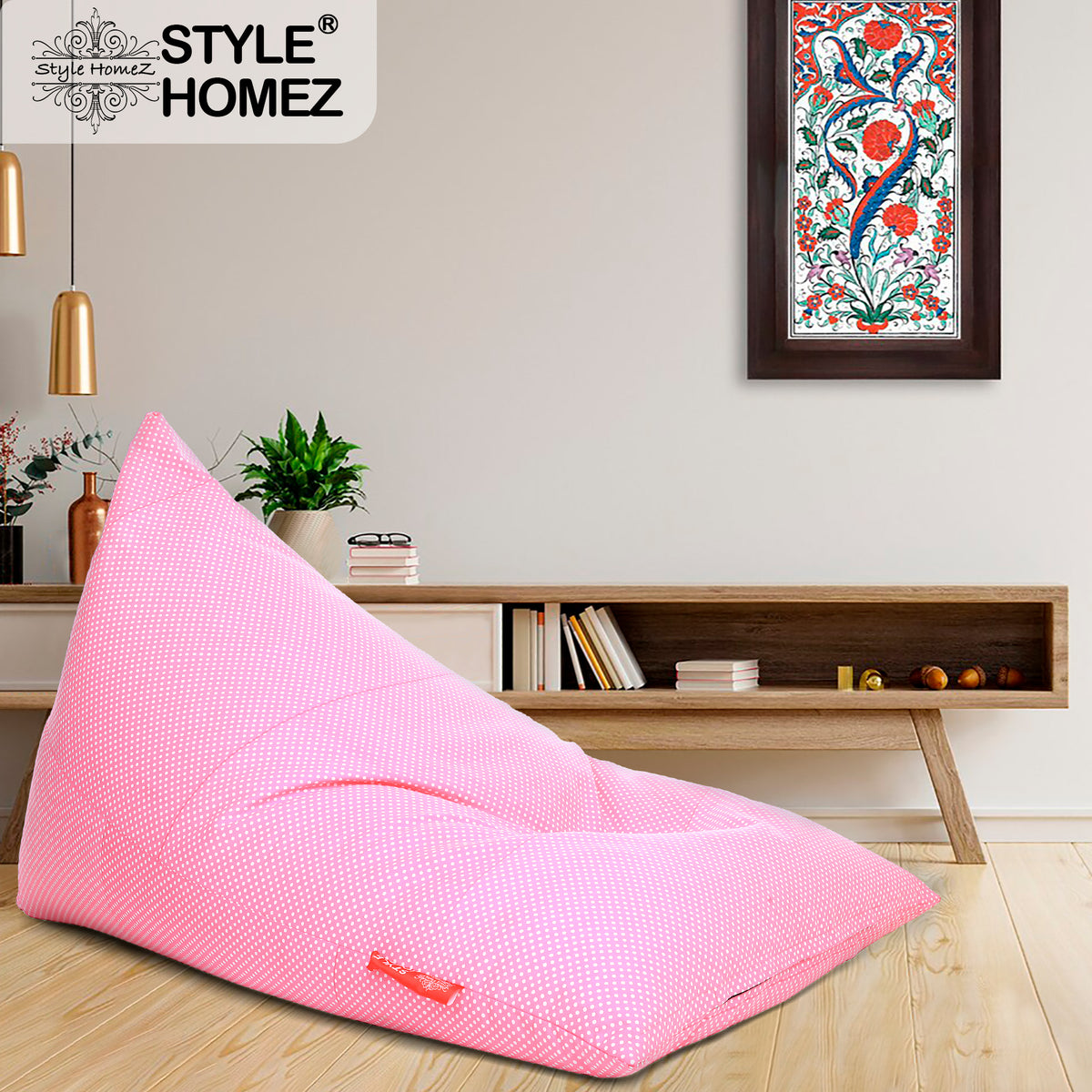 Style Homez PYRAMID LOUNGE, Cotton Canvas Polka Dots Printed Bean Bag XXL Size Filled with Beans Fillers
