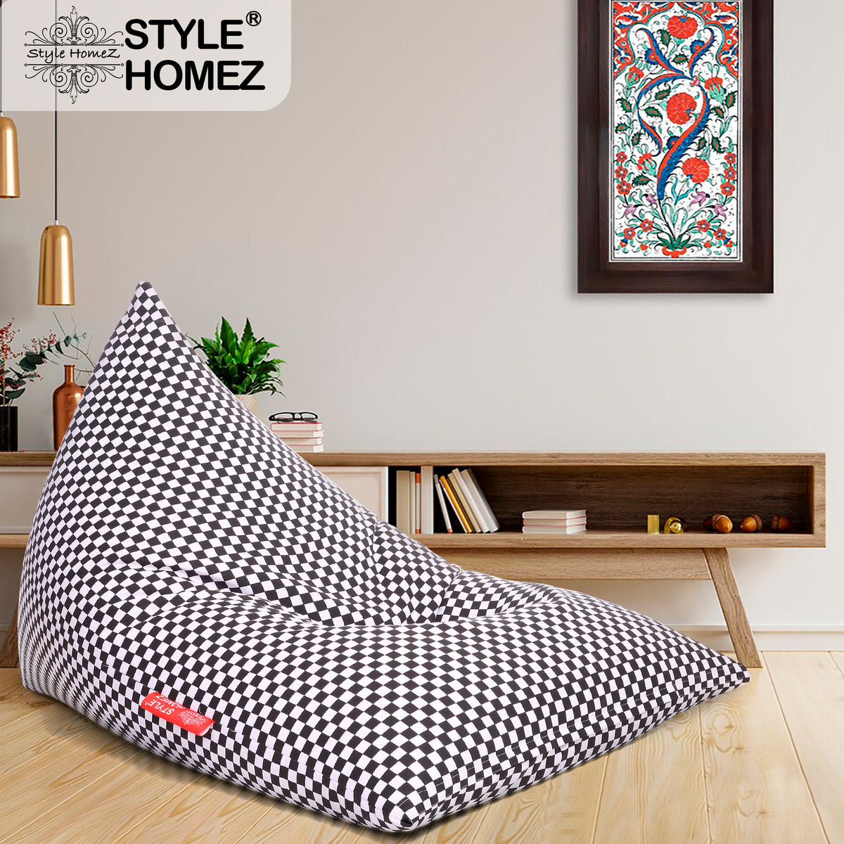 Style Homez PYRAMID LOUNGE, Cotton Canvas Checkered Printed Bean Bag XXL Size Cover Only