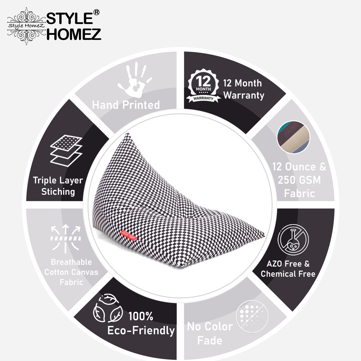 Style Homez PYRAMID LOUNGE, Cotton Canvas Checkered Printed Bean Bag XXL Size Cover Only