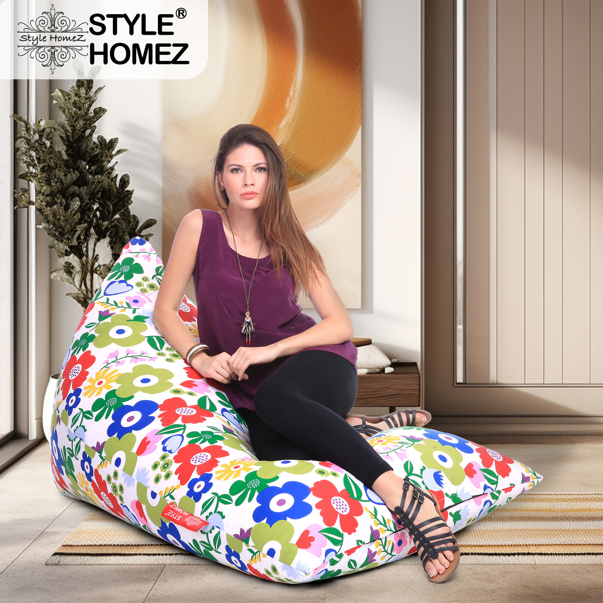 Style Homez PYRAMID LOUNGE, Cotton Canvas Floral Printed Bean Bag XXL Size Filled with Beans Fillers