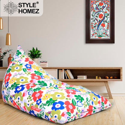 Style Homez PYRAMID LOUNGE, Cotton Canvas Floral Printed Bean Bag XXL Size Filled with Beans Fillers