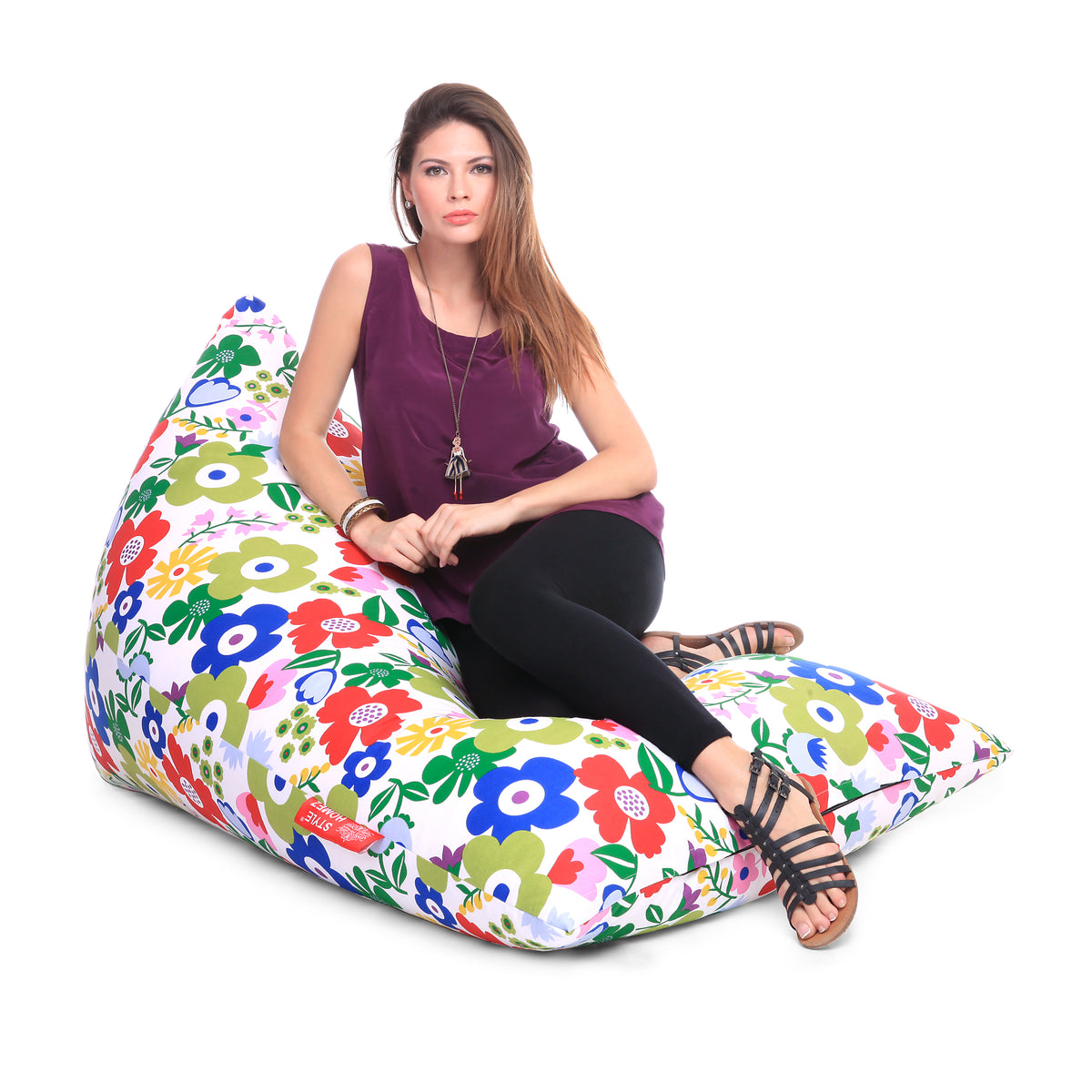 Style Homez PYRAMID LOUNGE, Cotton Canvas Floral Printed Bean Bag XXL Size Filled with Beans Fillers