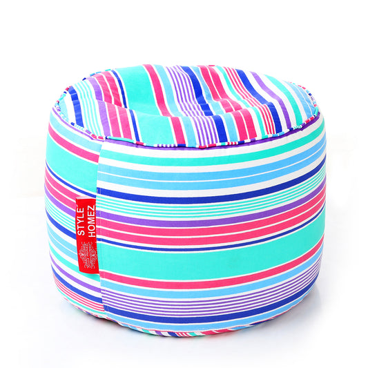 Style Homez Round Ottoman, Cotton Canvas Stripes Printed Bean Bag Stool Large Size Filled with Beans, Multi Color