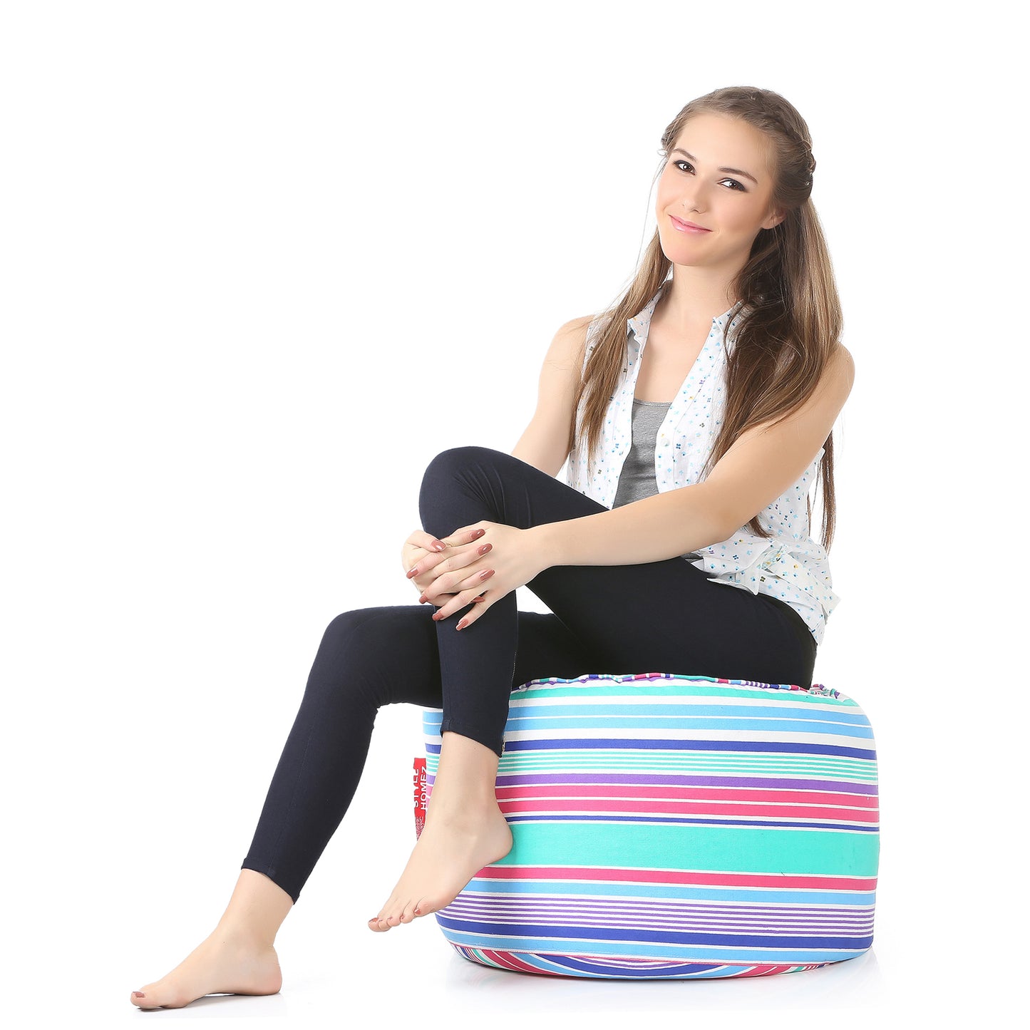 Style Homez Round Ottoman, Cotton Canvas Stripes Printed Bean Bag Stool Large Size Filled with Beans Fillers, Multi Color