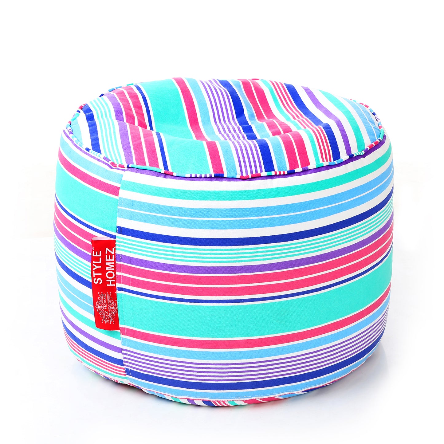 Style Homez Round Ottoman, Cotton Canvas Stripes Printed Bean Bag Stool Large Size Filled with Beans Fillers, Multi Color