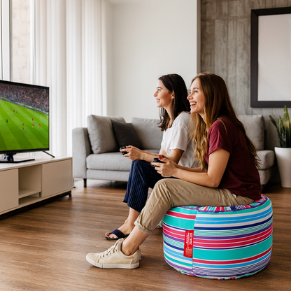 Style Homez Round Ottoman, Cotton Canvas Stripes Printed Bean Bag Stool Large Size Filled with Beans Fillers, Multi Color