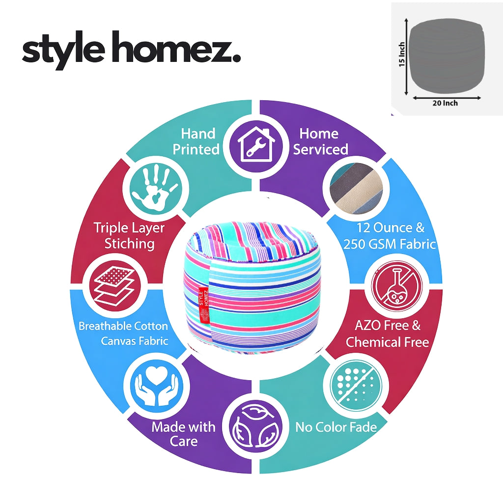 Style Homez Round Ottoman, Cotton Canvas Stripes Printed Bean Bag Stool Large Size Filled with Beans, Multi Color