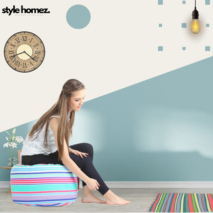 Style Homez Round Ottoman, Cotton Canvas Stripes Printed Bean Bag Stool Large Size Filled with Beans Fillers, Multi Color