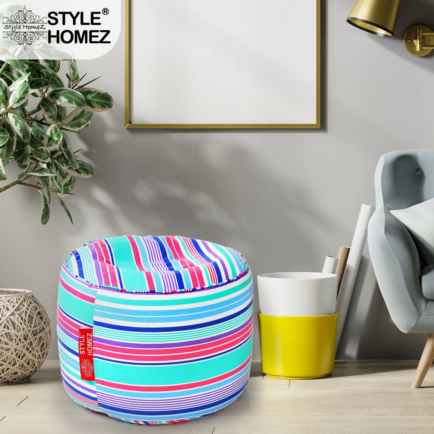 Style Homez Round Ottoman, Cotton Canvas Stripes Printed Bean Bag Stool Large Size Filled with Beans, Multi Color