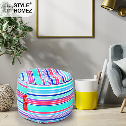 Style Homez Round Ottoman, Cotton Canvas Stripes Printed Bean Bag Stool Large Size Filled with Beans Fillers, Multi Color