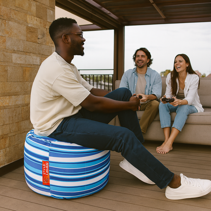 Style Homez Round Ottoman, Cotton Canvas Stripes Printed Bean Bag Stool Large Size Filled with Beans Fillers, Blue Color