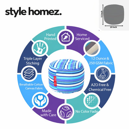 Style Homez Round Ottoman, Cotton Canvas Stripes Printed Bean Bag Stool Large Size Filled with Beans Fillers, Blue Color