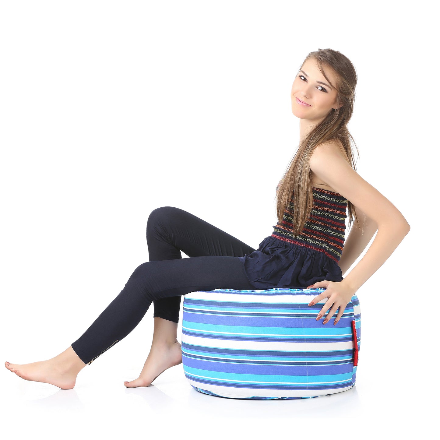 Style Homez Round Ottoman, Cotton Canvas Stripes Printed Bean Bag Stool Large Size Filled with Beans Fillers, Blue Color