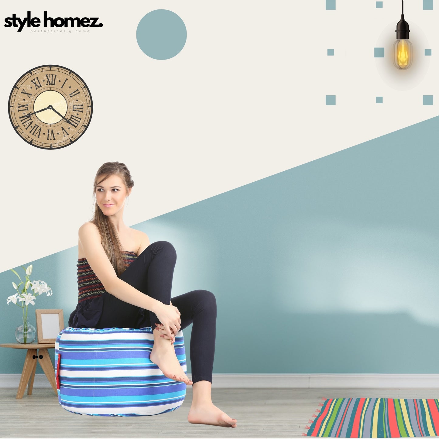 Style Homez Round Ottoman, Cotton Canvas Stripes Printed Bean Bag Stool Large Size Filled with Beans Fillers, Blue Color