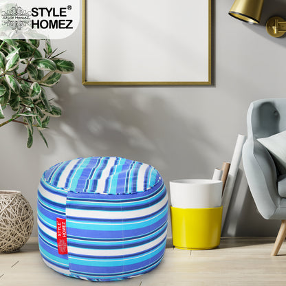 Style Homez Round Ottoman, Cotton Canvas Stripes Printed Bean Bag Stool Large Size Filled with Beans Fillers, Blue Color