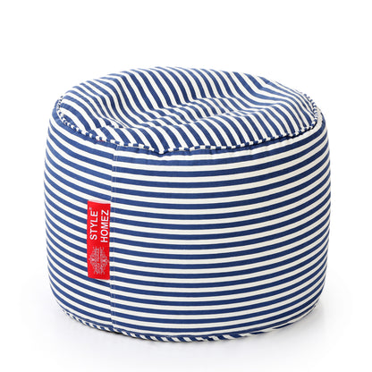 Style Homez Round Ottoman, Cotton Canvas Stripes Printed Bean Bag Stool Large Size Filled with Beans Fillers, Navy Blue Color
