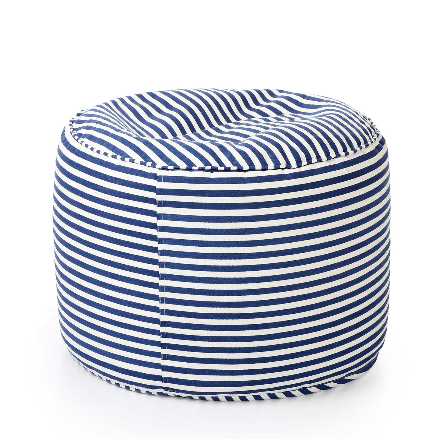 Style Homez Round Ottoman, Cotton Canvas Stripes Printed Bean Bag Stool Large Size Filled with Beans Fillers, Navy Blue Color