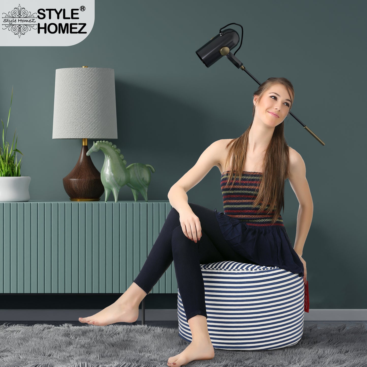 Style Homez Round Ottoman, Cotton Canvas Stripes Printed Bean Bag Stool Large Size Filled with Beans Fillers, Navy Blue Color