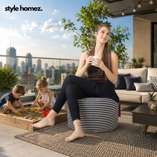 Style Homez Round Ottoman, Cotton Canvas Stripes Printed Bean Bag Stool Large Size Filled with Beans, Navy Blue Color
