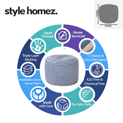 Style Homez Round Ottoman, Cotton Canvas Stripes Printed Bean Bag Stool Large Size Filled with Beans Fillers, Navy Blue Color