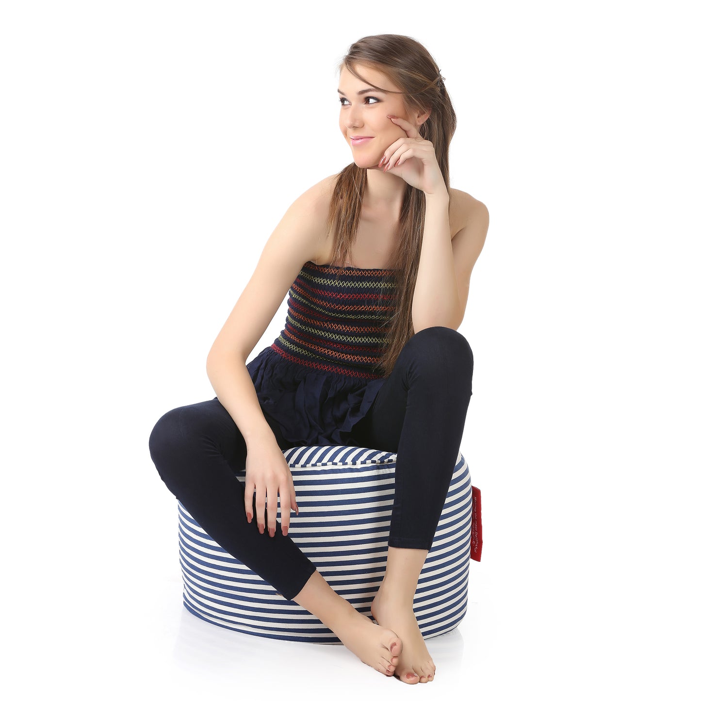 Style Homez Round Ottoman, Cotton Canvas Stripes Printed Bean Bag Stool Large Size Filled with Beans Fillers, Navy Blue Color