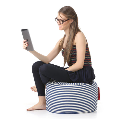 Style Homez Round Ottoman, Cotton Canvas Stripes Printed Bean Bag Stool Large Size Filled with Beans Fillers, Navy Blue Color