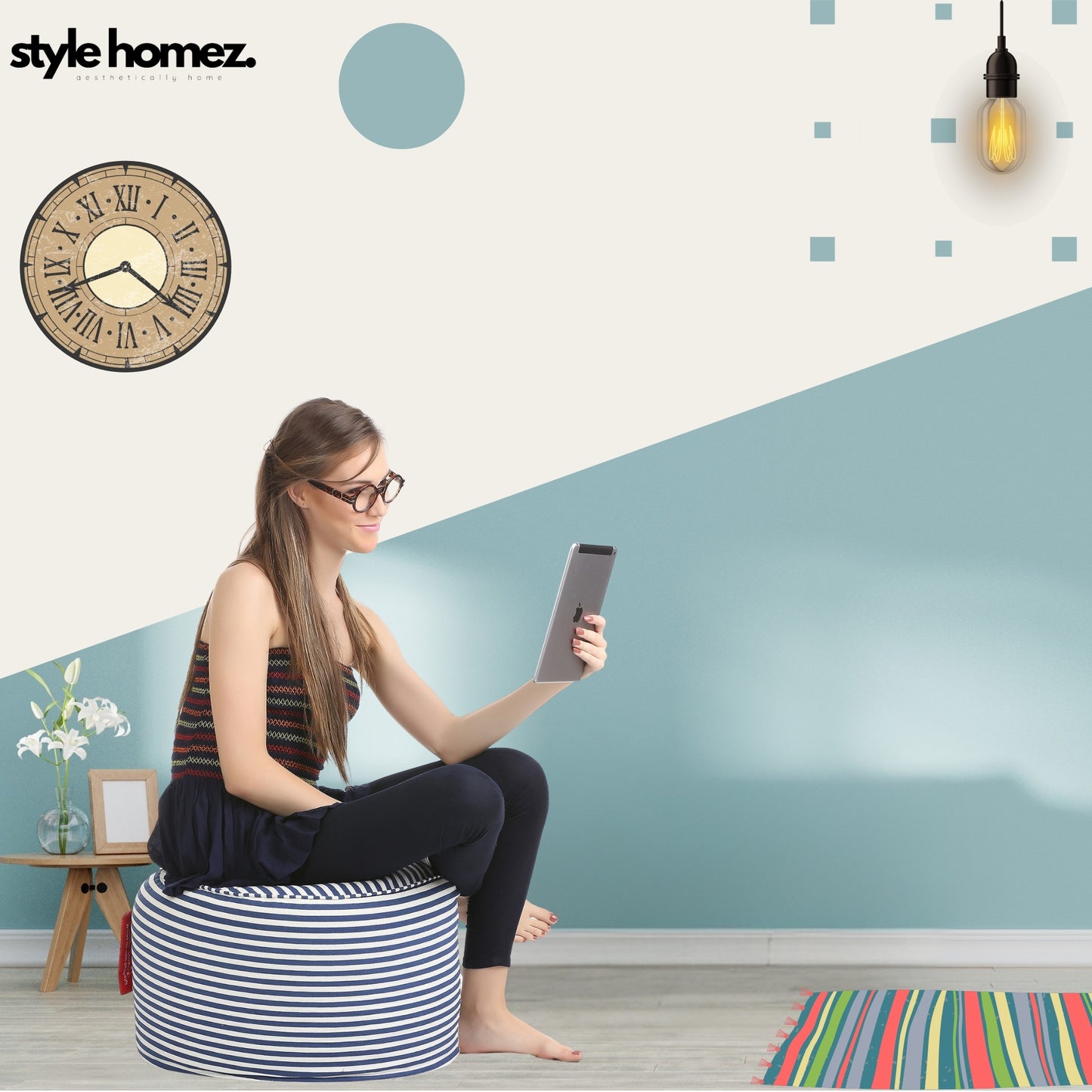 Style Homez Round Ottoman, Cotton Canvas Stripes Printed Bean Bag Stool Large Size Filled with Beans Fillers, Navy Blue Color