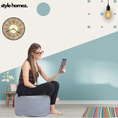 Style Homez Round Ottoman, Cotton Canvas Stripes Printed Bean Bag Stool Large Size Filled with Beans Fillers, Navy Blue Color
