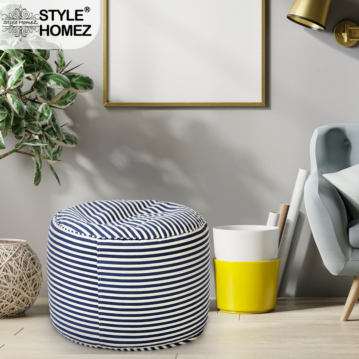 Style Homez Round Ottoman, Cotton Canvas Stripes Printed Bean Bag Stool Large Size Filled with Beans Fillers, Navy Blue Color