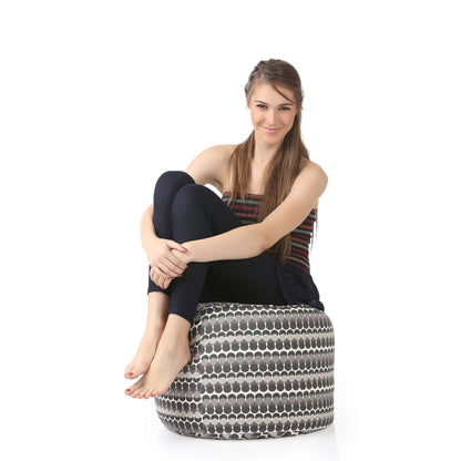 Style Homez Round Ottoman, Cotton Canvas Polka Dots Printed Bean Bag Stool Large Size Filled with Beans Fillers, Grey Color