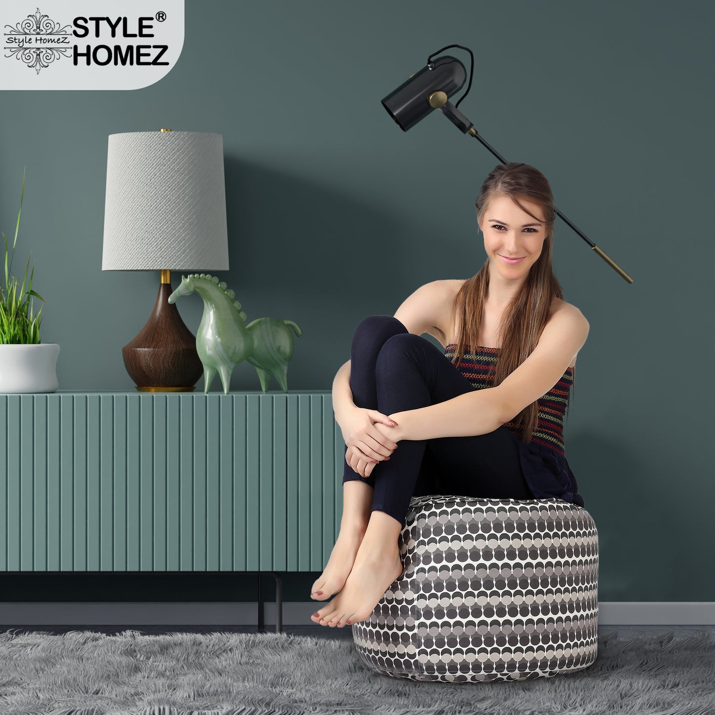Style Homez Round Ottoman, Cotton Canvas Polka Dots Printed Bean Bag Stool Large Size Filled with Beans Fillers, Grey Color