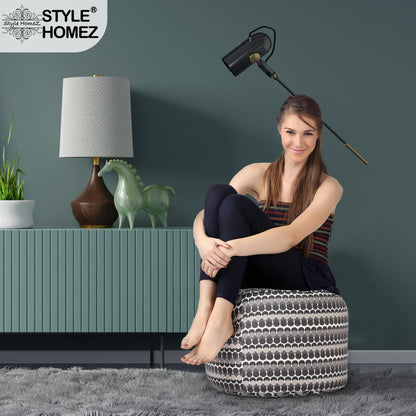Style Homez Round Ottoman, Cotton Canvas Polka Dots Printed Bean Bag Stool Large Size Filled with Beans Fillers, Grey Color