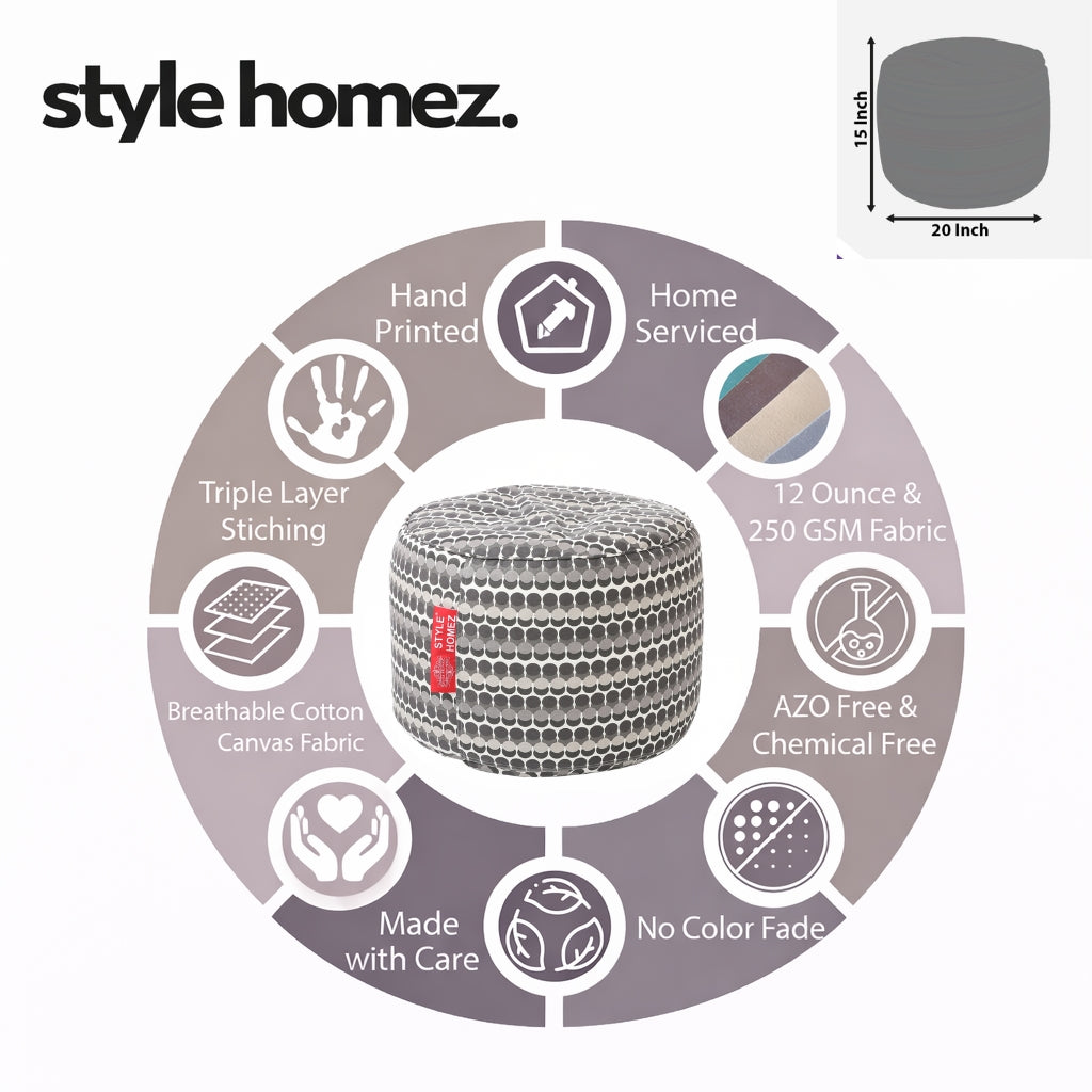 Style Homez Round Ottoman, Cotton Canvas Polka Dots Printed Bean Bag Stool Large Size Filled with Beans Fillers, Grey Color