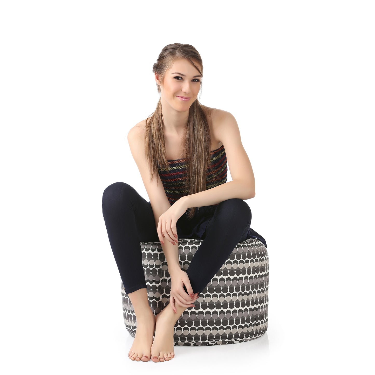 Style Homez Round Ottoman, Cotton Canvas Polka Dots Printed Bean Bag Stool Large Size Filled with Beans Fillers, Grey Color