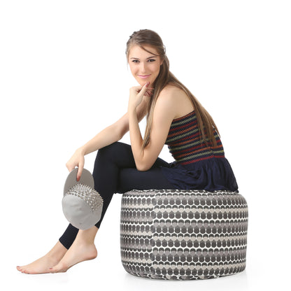 Style Homez Round Ottoman, Cotton Canvas Polka Dots Printed Bean Bag Stool Large Size Filled with Beans Fillers, Grey Color