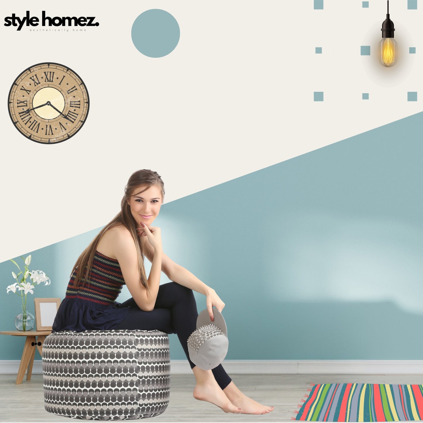 Style Homez Round Ottoman, Cotton Canvas Polka Dots Printed Bean Bag Stool Large Size Filled with Beans Fillers, Grey Color