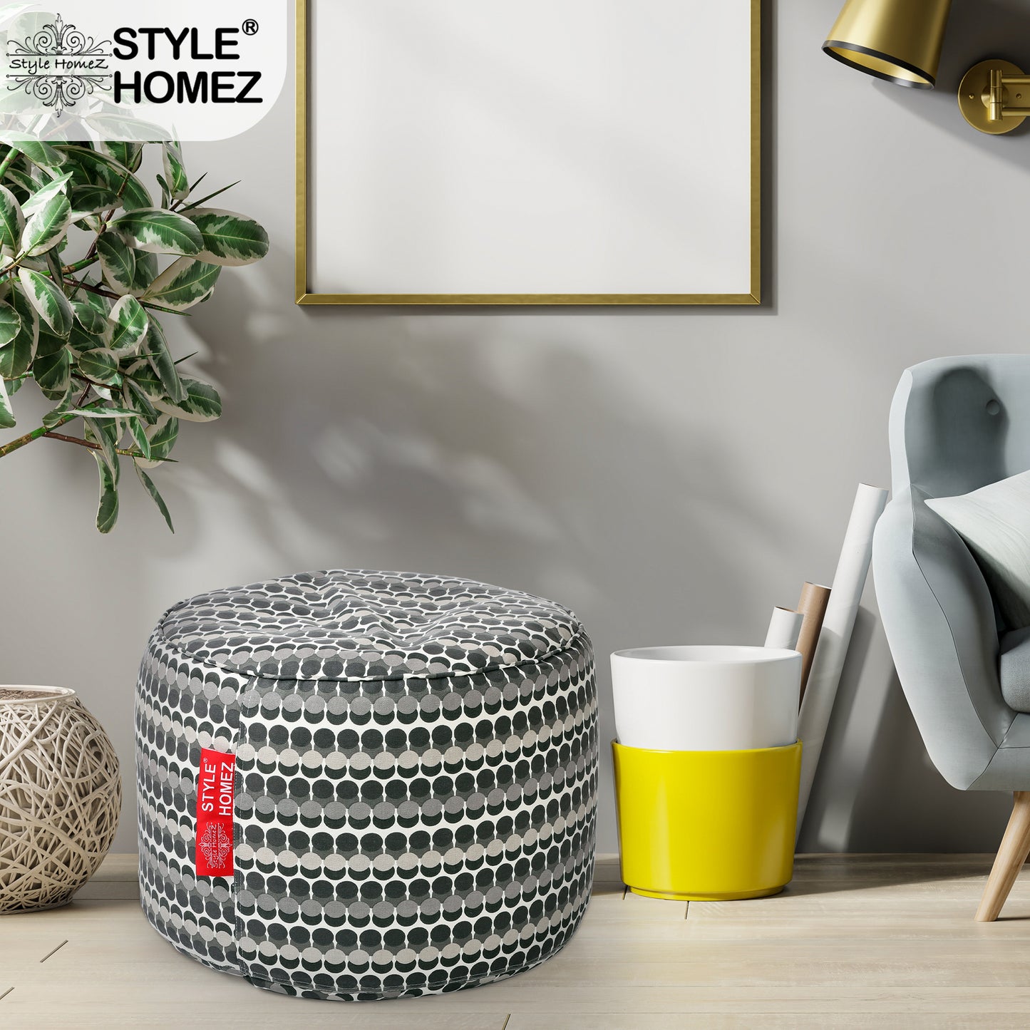 Style Homez Round Ottoman, Cotton Canvas Polka Dots Printed Bean Bag Stool Large Size Filled with Beans Fillers, Grey Color