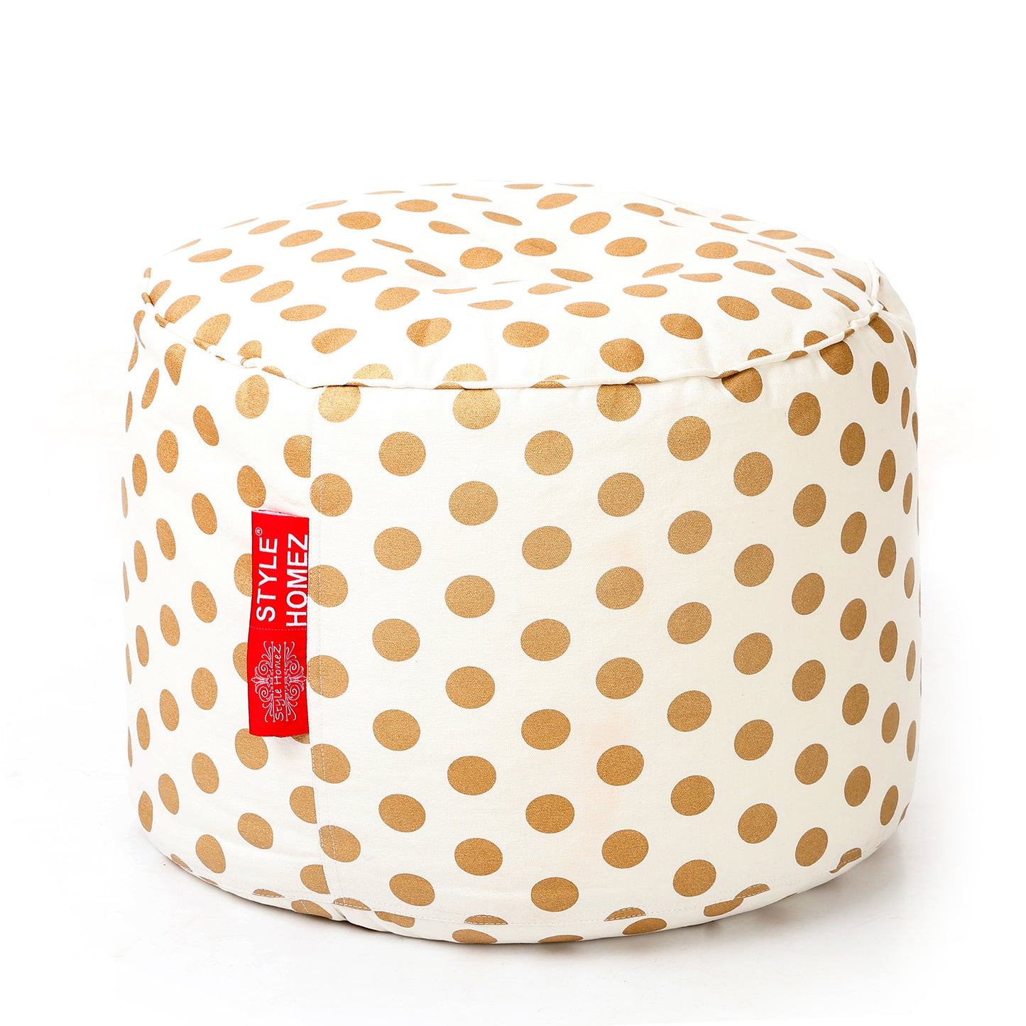 Style Homez Round Ottoman, Cotton Canvas Polka Dots Printed Bean Bag Stool Large Size Filled with Beans Fillers, Gold Color
