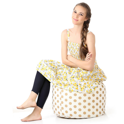 Style Homez Round Ottoman, Cotton Canvas Polka Dots Printed Bean Bag Stool Large Size Filled with Beans Fillers, Gold Color