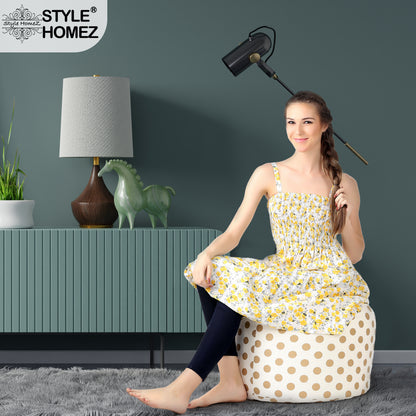 Style Homez Round Ottoman, Cotton Canvas Polka Dots Printed Bean Bag Stool Large Size Filled with Beans Fillers, Gold Color