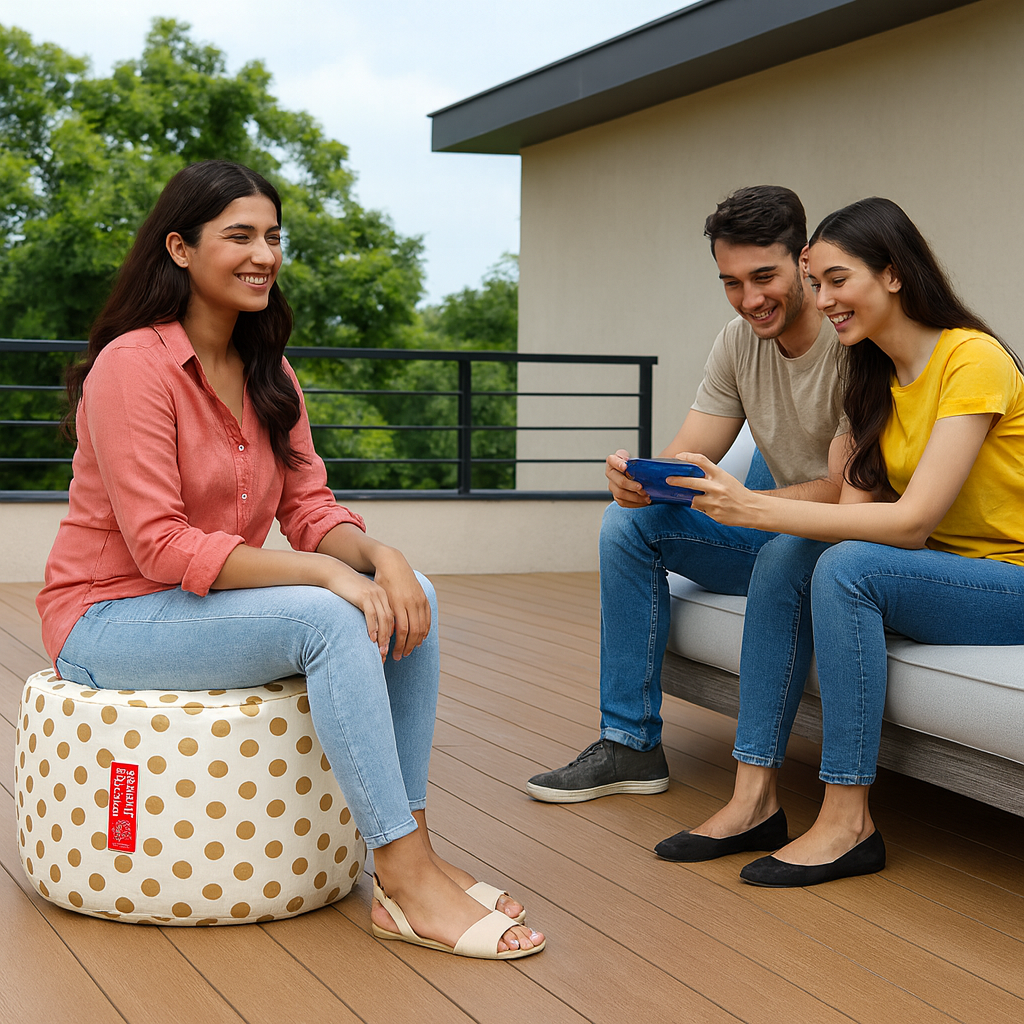 Style Homez Round Ottoman, Cotton Canvas Polka Dots Printed Bean Bag Stool Large Size Filled with Beans Fillers, Gold Color
