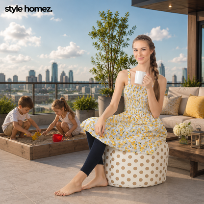 Style Homez Round Ottoman, Cotton Canvas Polka Dots Printed Bean Bag Stool Large Size Filled with Beans Fillers, Gold Color