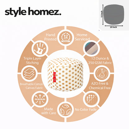 Style Homez Round Ottoman, Cotton Canvas Polka Dots Printed Bean Bag Stool Large Size Filled with Beans Fillers, Gold Color